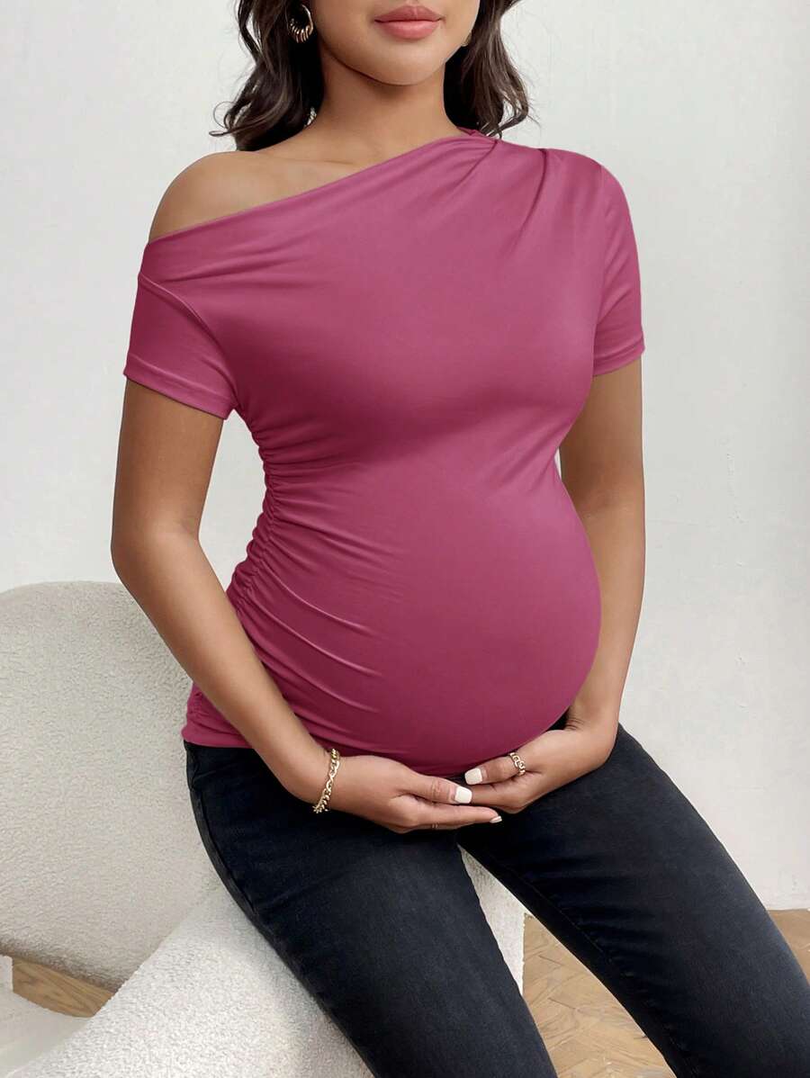 SHEIN 孕妇休闲日常通勤简约纯色不对称领短袖修身T恤,夏季 - 珊瑚粉 - 查看 1