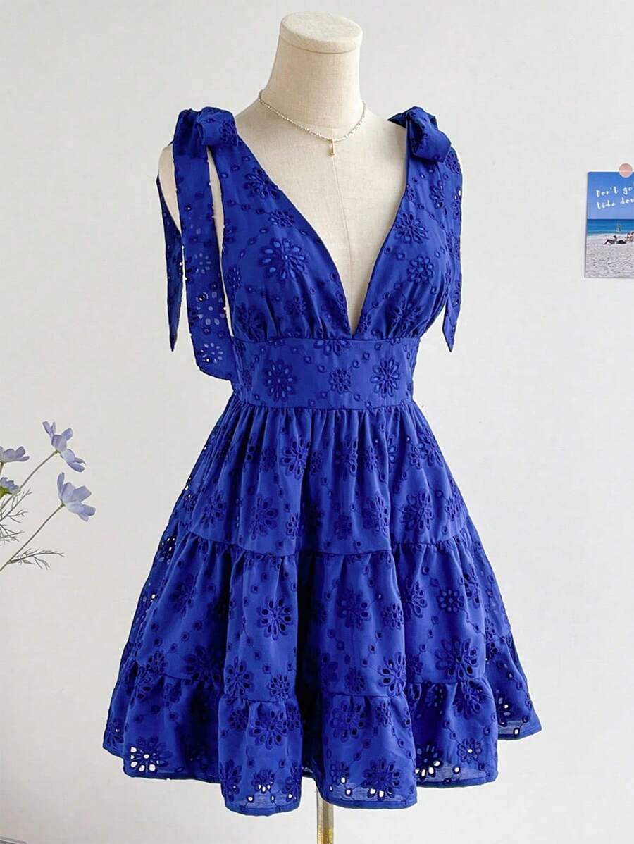 Soleia WYWH女裝休閒度假刺繡空紋A字裙，綁帶肩帶 - 藍色 - 查看 1