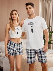 Women Letter Print Slim Crop Top & Checkered Shorts Pajama Set For Summer - Black and White - View 10