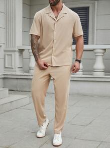 Manfinity Homme Conjunto de camisa de manga curta e calça comprida masculina Plus Size, casual, cor sólida - Damasco - Visão 6