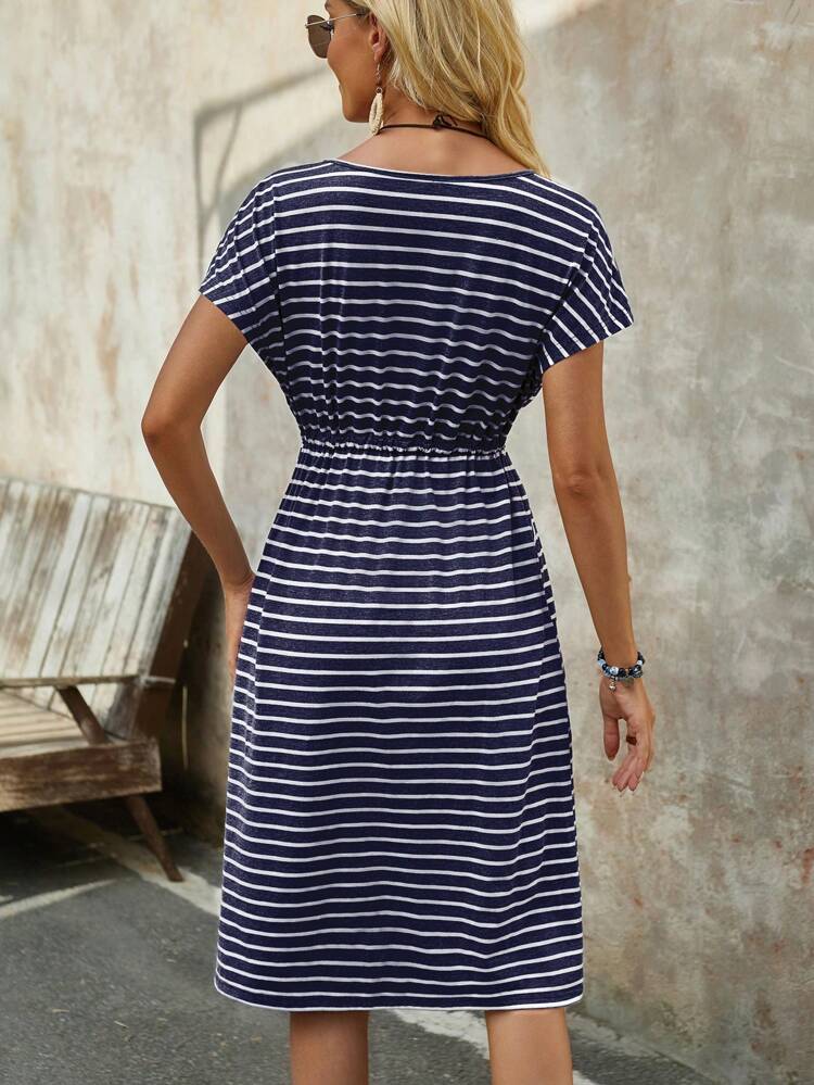 Women's Striped Drawstring Waist Slant Pocket Casual Dress For Summer
