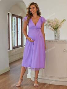 Joyfunear Maternity V-Neck Ruffle Sleeve Solid Dress