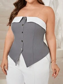 SHEIN Privé Blusa para mujer de talla grande, elegante diseño con hombros descubiertos y detalles de botones metálicos y cintura en color gris y blanco, estilo sencillo y casual de negocios para la rutina diaria - Gris Oscuro - Ver 3