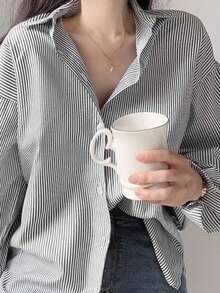 Áo cánh tay dài kẻ sọc ve áo hở vai phong cách thiết kế mùa hè cho nữ - Đen và trắng - Xem 4