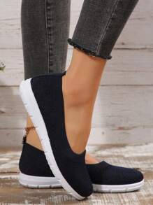 秋冬款单鞋刺绣透气轻便夏季休闲一脚蹬圆头舒适运动鞋，棕色和海军蓝色，时尚百搭 - 藏蓝色 - 查看 3