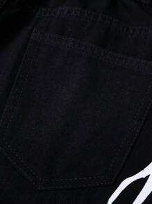SHEIN Jeans casuales de mezclilla negra para adolescentes con estilo de patrón de rayos impresos en agua y lavado recto con piernas holgadas