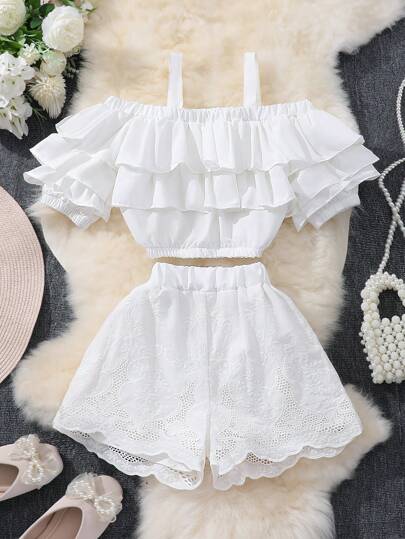 SHEIN Summer Solid Ruffle Top With Ruffle Trim And Embroidered Shorts Set, For Tween Girls Summer Holiday