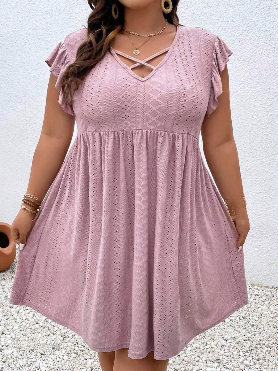 SHEIN CURVE+ 大尺碼女性夏季純色交叉V領帽袖優雅假日連衣裙 - 粉色 - 查看 1