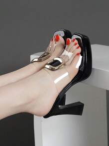 Giày Sandal Nữ Cao Gót Mùa Hè Mới, Đế Chống Thấm Nước Với Gót Chun, Trang Trí Kim Loại, Dép Hở Lưng Trong Suốt - màu đen - Xem 2
