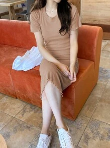 DAZY Women Solid Color Round Neck Slim Mid-Length Dress Summer SunDress - Khaki - View 6