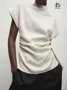 BizChic Women's Solid Apricot Stand Collar Elegant Short Sleeve Shirt With Pleats Fall Women Outfits - Apricot - View 6