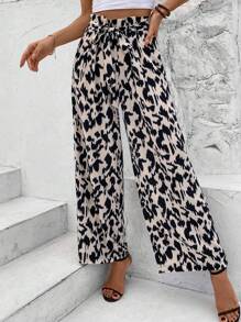SHEIN Frenchy Women Belted Printed Loose Vacation Style Wide Leg Leopard   Pants Winter Casual - Multicolor - View 4