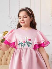 SHEIN Tween Girls Plus Size Casual Broderad Mesh Panel Färgblock Rund Hals Ruffle Trim Klänning, vår/sommar