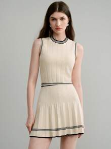 MOTF PREMIUM CONTRAST STRIPED TRIM POINTELLE KNIT TANK TOP & PLEATED SKIRT SET - Apricot - View 6