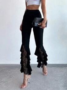 Firerie Women Lace Ruffle Trim Slim Elegant Graduation Party Pants - Black - View 5