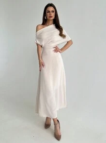 Aloruh 女性露肩，褶皺設計，高腰，優雅A字裙