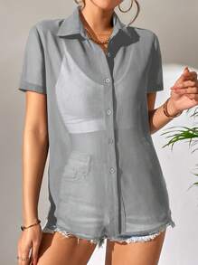 Chiquease Camisa casual de manga corta de unicolor para vacaciones - Gris - Ver 6
