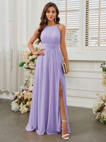 SHEIN Belle Vestido de dama de honor con cuello de halter de unicolor, cintura imperio y abertura frontal alta. Elegante vestido color púrpura claro para boda. - Morado Violeta - Ver 4