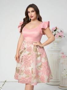 SHEIN Belle Plus Size Elegant Pink Satin & Jacquard Fabric Patchwork Cap Sleeve Dress With U-Neck For Cocktail Party Prom Semi Formal Wedding Guest Dress, For Birthday, Graduation, Dinner, Homecoming