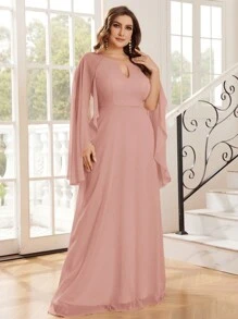 SHEIN Belle Vestido elegante para dama de honor de talla grande con mangas de capa y diseño ahuecado de unicolor - Rosa vieja - Ver 3