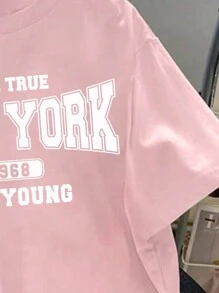 SHEIN Leap Crew 少女休閒簡約紐約印花短袖寬鬆T卹，適合夏季穿著