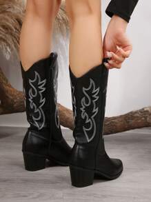 Fall/Winter Kendall Inspired Embroidered Boots, 2024 New European & American Style Chunky Heel Increase Height Retro Tall Boots, Over-The-Knee Boots For Women, Western Style, Cowboy Boots - Black - View 3