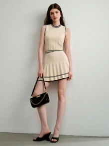 MOTF PREMIUM CONTRAST STRIPED TRIM POINTELLE KNIT TANK TOP & PLEATED SKIRT SET - Apricot - View 5