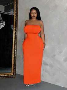 Slaydiva Plus Size Elegant Casual Solid Color Women Strapless Dress With Slim FIt And Pockets