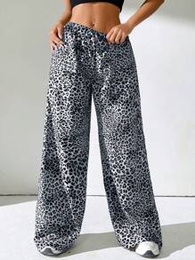 SHEIN EZwear 女性休閒豹紋寬腿長褲 - 灰色 - 查看 4