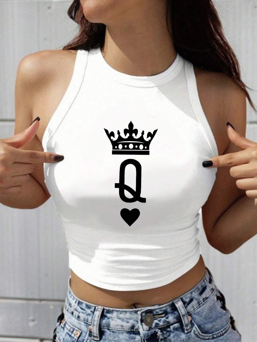 SHEIN Essnce 休闲简约皇冠爱心印花圆领修身女式背心,棉混纺面料,适合夏季穿着 - 白色 - 查看 1