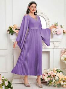 Modelyn Vestido de fiesta para mujer con brillo, cuello en V, pliegues y decoración de pedrería - Morado - Ver 4