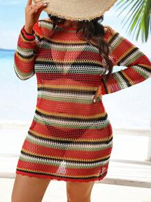 SHEIN Clasi Plus Size Women Fashion Colorful Striped Hollow Round Neck Long Sleeve Sweater Dress