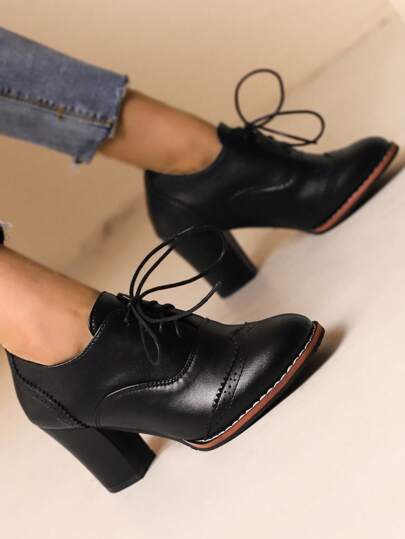 Wide Fit Brogue High Heel Shoes With Lace-Up Closure, Black Leather, Chunky Heel, Vintage Style, Plus Size Women Shoes