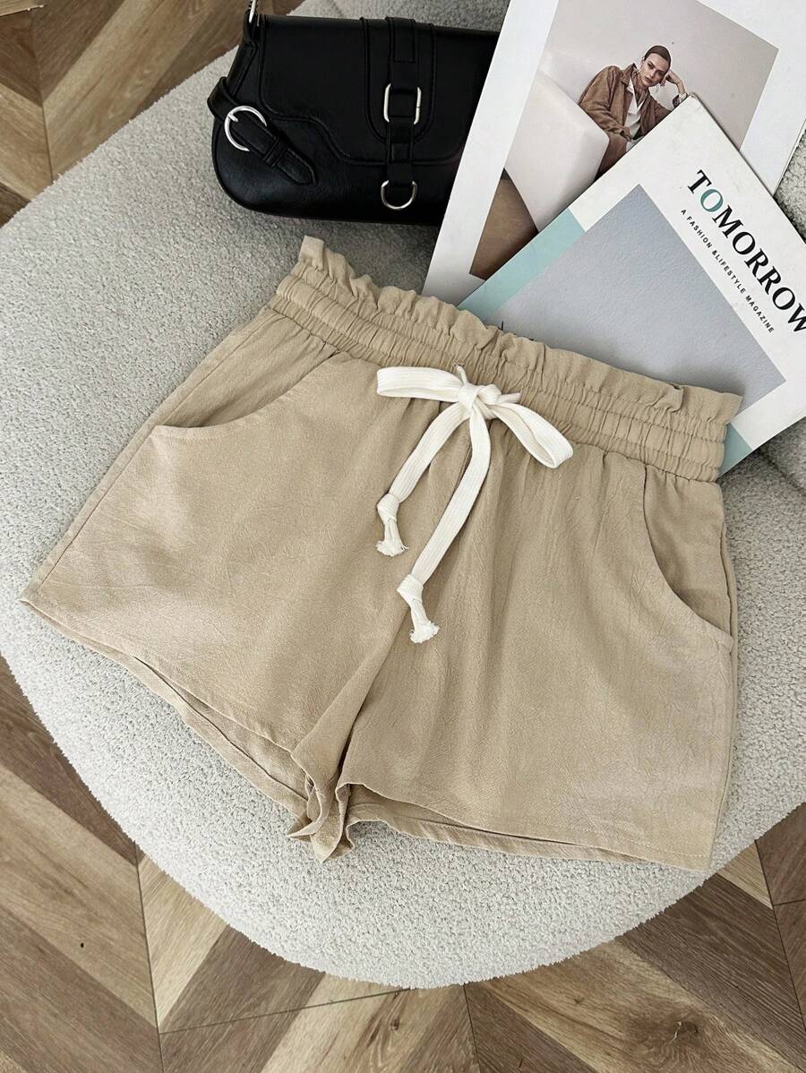 SHEIN Unity Shorts casual da donna a vestibilità ampia con cintura in vita e tasche - Albicocca - Visualizzare 1