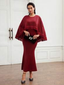 MOTF PREMIUM SOLID FRINGE TRIM MERMAID HEM CAPE DRESS - Red - View 4