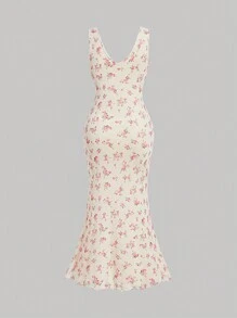 SHEIN MOD Vestido de verano de talla grande con estampado floral rosa en estilo rural para vacaciones