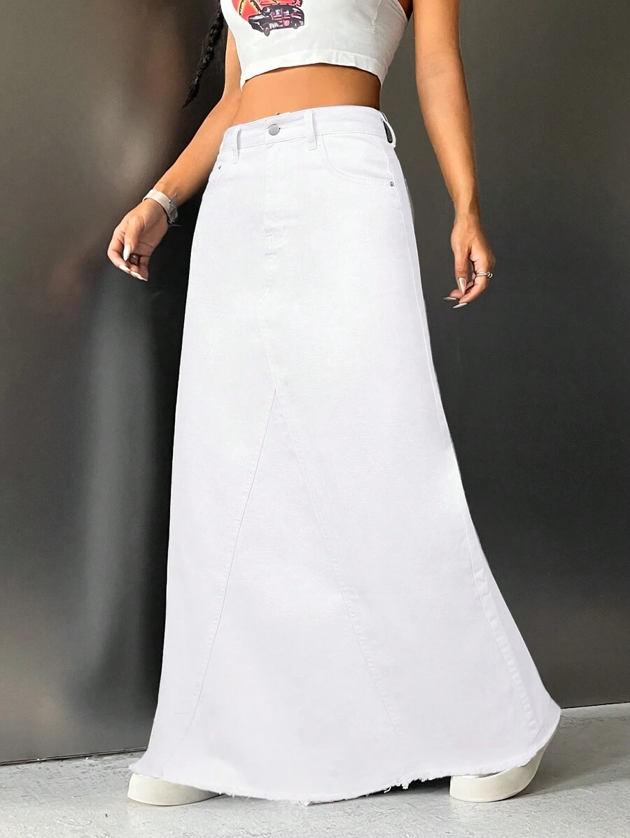 SHEIN ICON Women's Casual Denim Skirt With Patchwork And Frayed Hemline