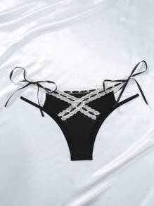 SHEIN Quần lót ren chắp vá màu khối màu dành cho nữ Quần đùi có dây buộc, cạp thấp - Đen và trắng - Xem 4