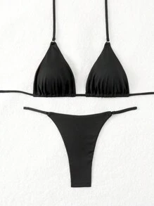 SHEIN Swim Women Summer Beach Solid Ruched Sexy Bikini Set For Vacation - Black - View 3