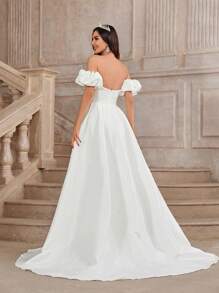 SHEIN Belle 优雅华丽单肩性感露肩蕾丝贴花拼布弹力缎面泡泡袖高开叉鱼尾加长下摆和尾巴适合婚礼活动单身派对节日舞会婚纱白色新娘礼服 - 米色 - 查看 2