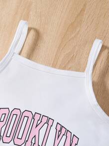 SHEIN 年輕女孩夏季休閒圓領短袖露肩帽衫和字母印花背心套裝 - 粉色 - 查看 3