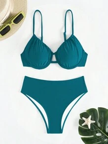SHEIN Swim Bộ bikini dây đeo spaghetti có gọng chắc chắn đi biển mùa hè dành cho nữ - Màu xanh ngọc - Xem 3