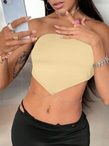 SHEIN Privé 金屬鏈條裝飾女款抹胸上衣，方巾下擺設計 - 杏色 - 查看 6