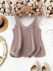SHEIN Holidaya Women Plus Size Fashionable Simple Solid Color Knitted Top, Versatile - Camel - View 1