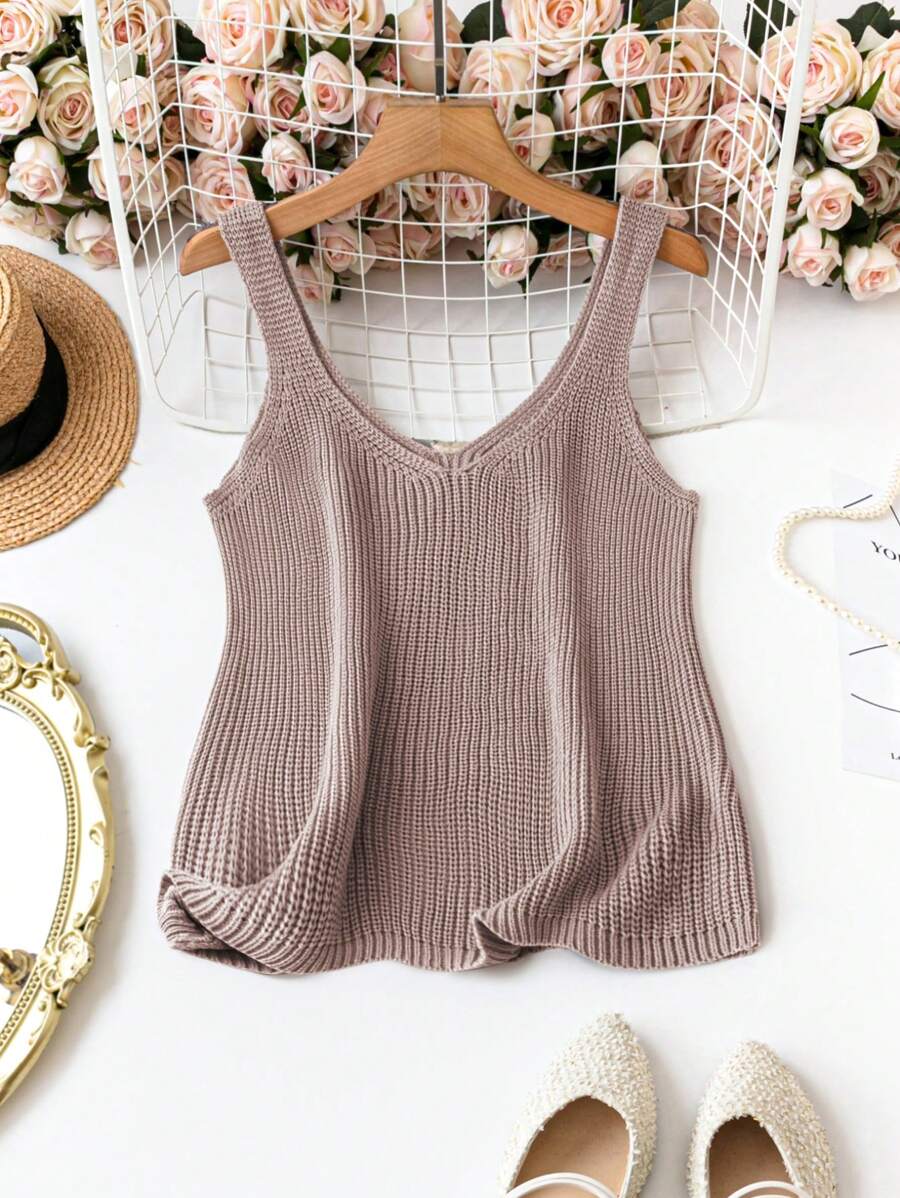 SHEIN Holidaya Women Plus Size Fashionable Simple Solid Color Knitted Top, Versatile - Camel - View 1
