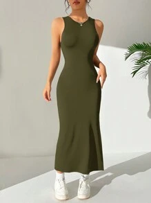 SHEIN EZwear Vestido sin mangas sencillo y diario para mujeres de unicolor y espalda descubierta - Verde militar - Ver 2