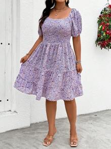 Breezaya 大尺碼方領花卉印花荷葉邊度假連衣裙 - 紫色 - 查看 5