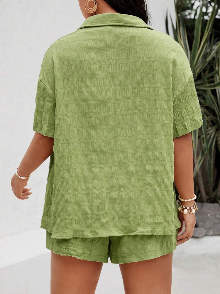 Plus Size Solid Texture Halter Neck Ultra Cropped Tank Top + Button Down Short Sleeve Shirt + Shorts Summer Set