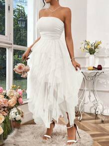 Rafferiza Women Solid Color Simple Strapless Mesh Dress For Daily Wear Maxi Women Outfit - White - View 4