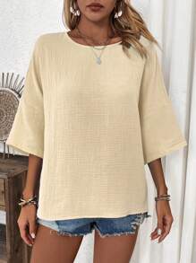 SHEIN LUNE 女性時尚顯瘦寬鬆實色縐縮襯衫